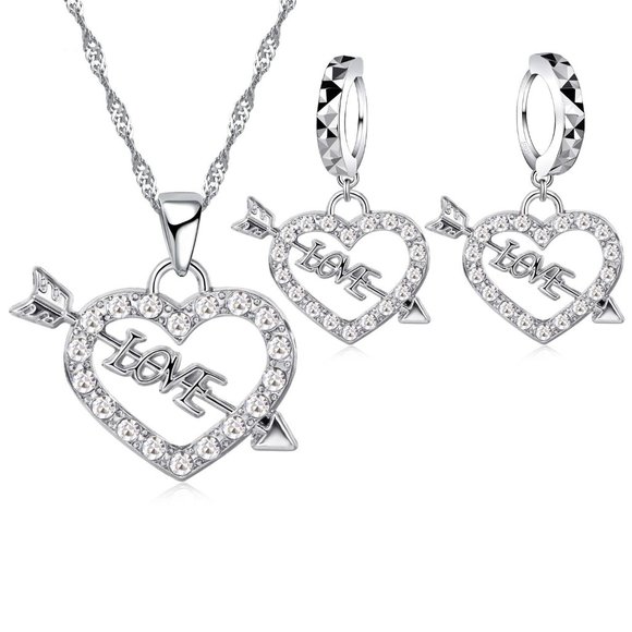 Heart Necklace Earrings 925 Sterling Silver Set Gift Bundle